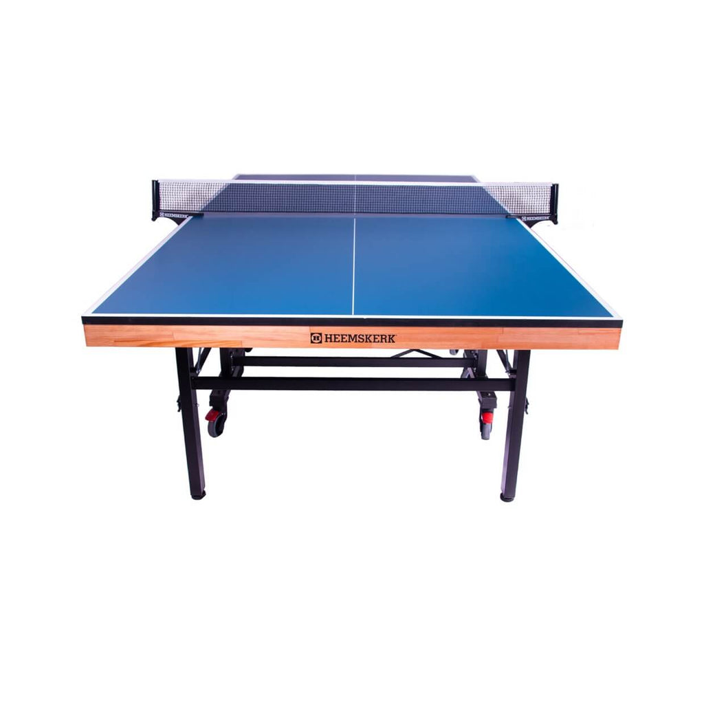 Blue Heemskerk Novi 2400 table tennis table with net, seen from the side