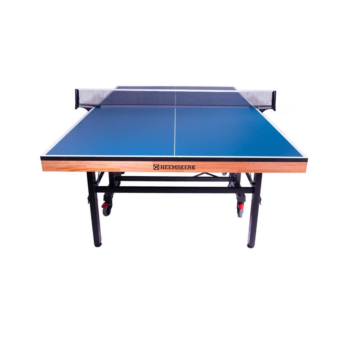 Blue Heemskerk Novi 2400 table tennis table with net, seen from the side
