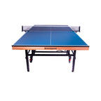 Blue Heemskerk Novi 2400 table tennis table with net, seen from the side