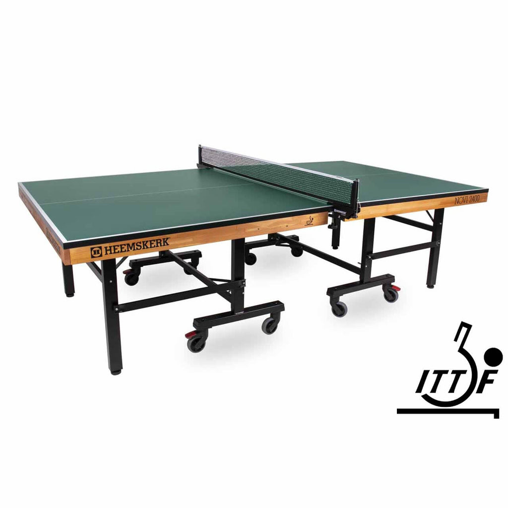 Green Heemskerk Novi 2400 ITTF approved table tennis table with net and wheels