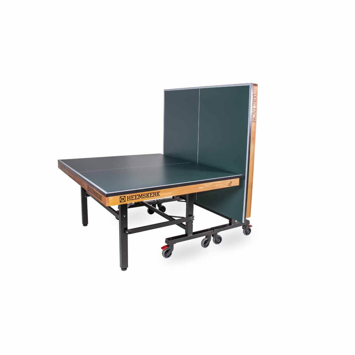 Green Heemskerk Novi 2400 table tennis table with one half raised for solo practice