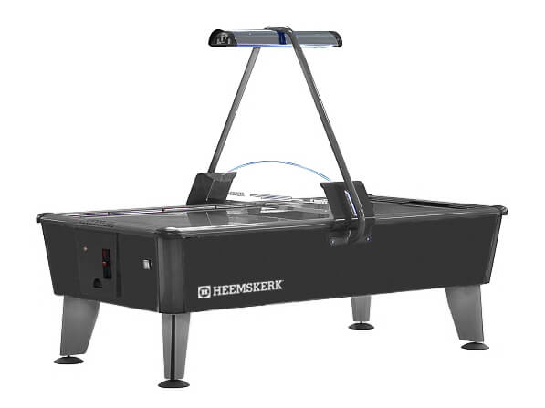 Heemskerk Parthenon coin operated air hockey table in black with arched digital scoreboard