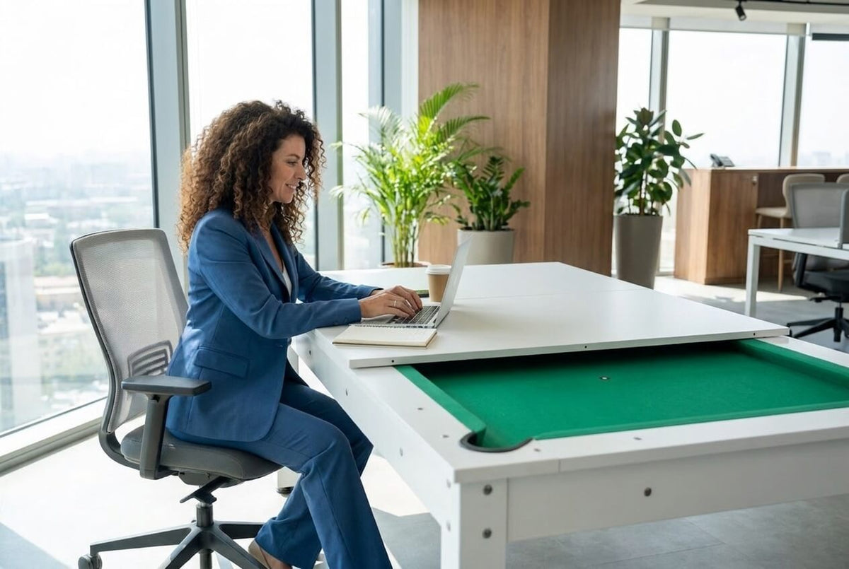Woman working at a laptop on the white Heemskerk Richmond in a home office