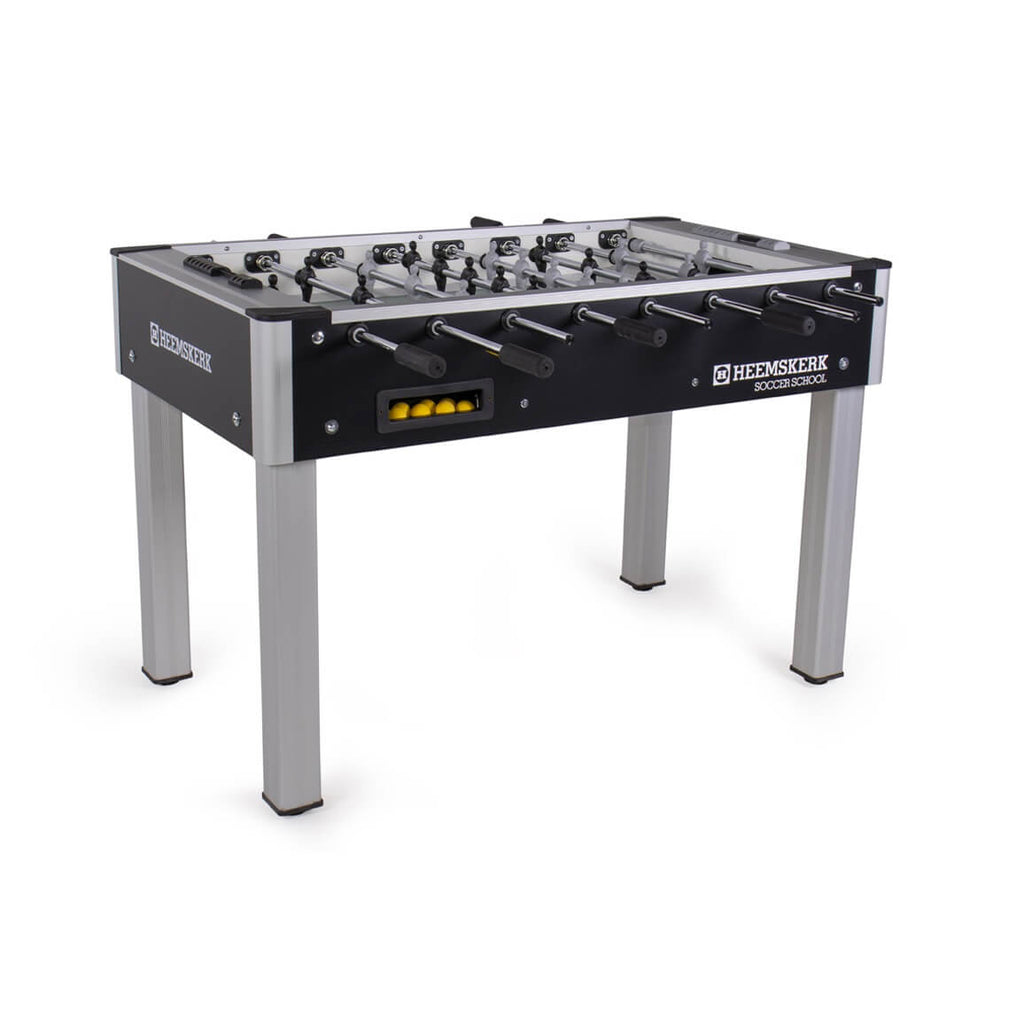 Heemskerk Soccer School football table with black cabinet and silver legs