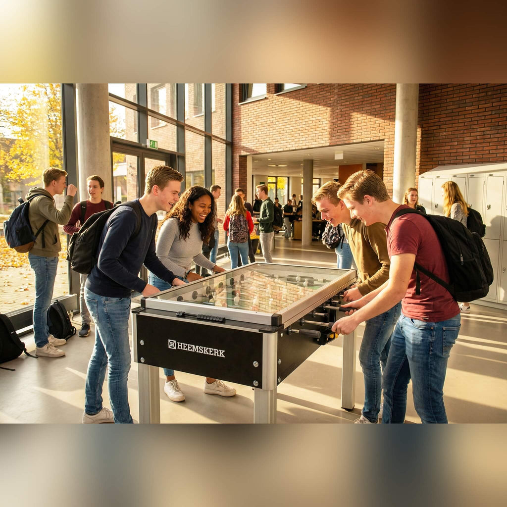 Students playing on a Heemskerk Soccer School Cover football table in a school hall