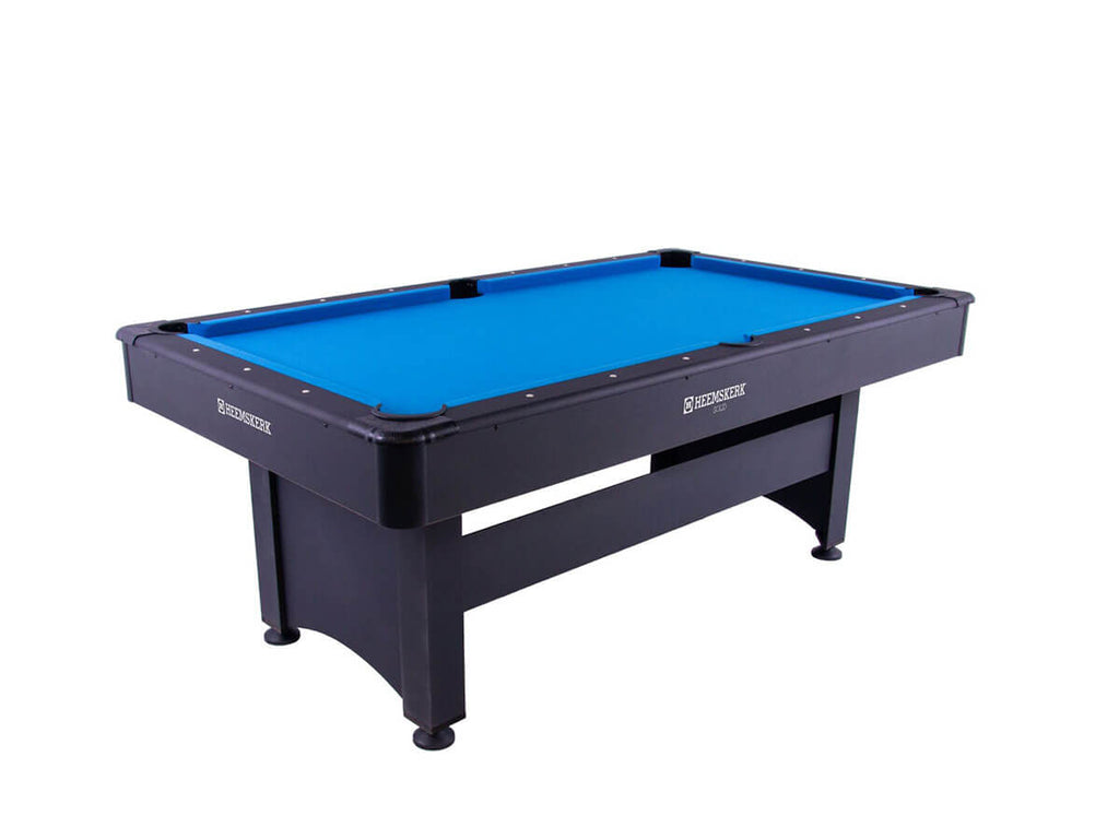 Heemskerk Solid Feet 6.5ft pool table with a black cabinet and blue cloth, viewed from the corner