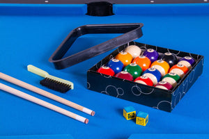 Pool cues, triangle, ball set, chalk and brush included with the Heemskerk Solid Feet pool table