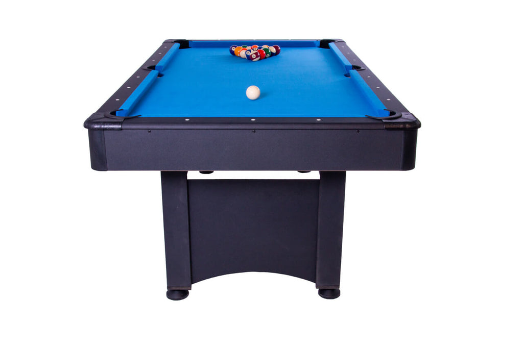 End view of the Heemskerk Solid Feet pool table showing the black cabinet and blue cloth
