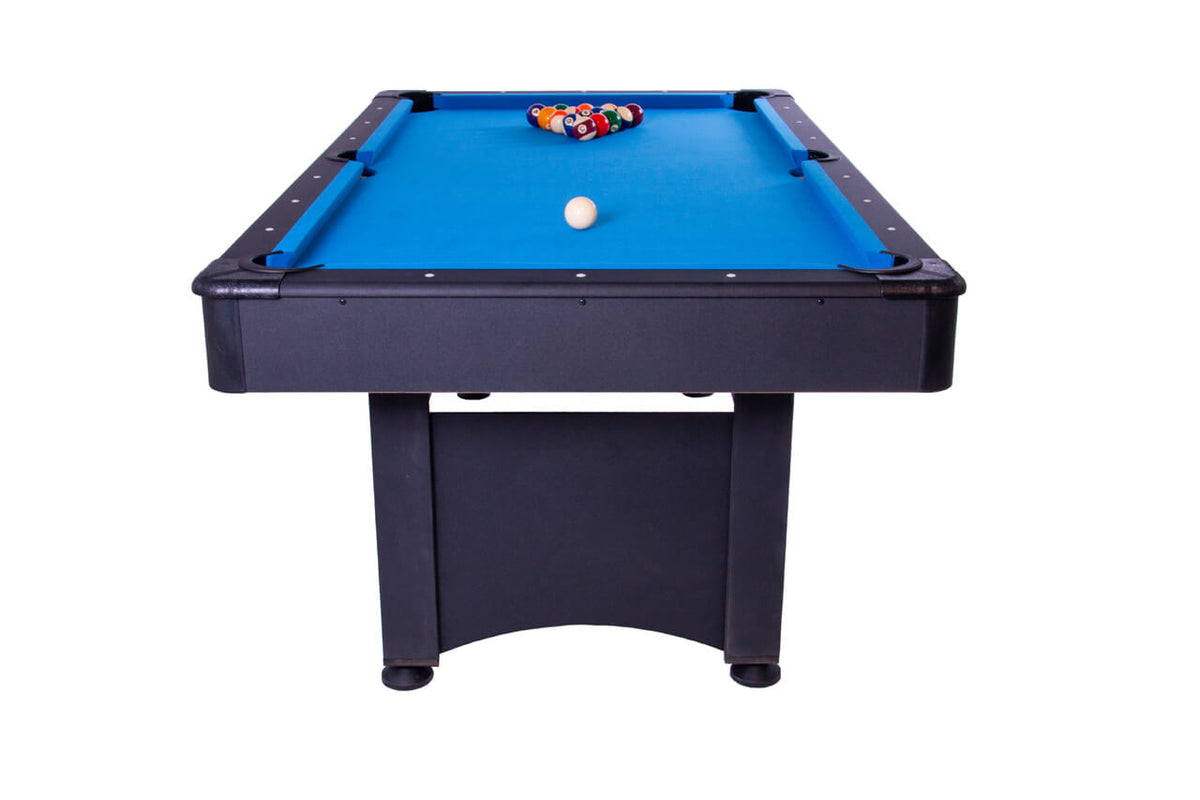End view of the Heemskerk Solid Feet pool table showing the black cabinet and blue cloth