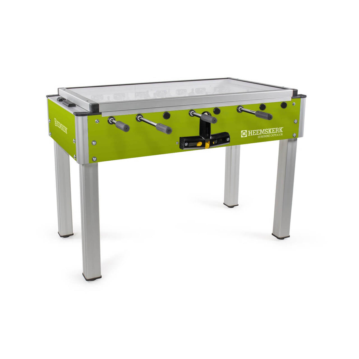 Heemskerk Sunshine outdoor football table with lime green cabinet and glass cover