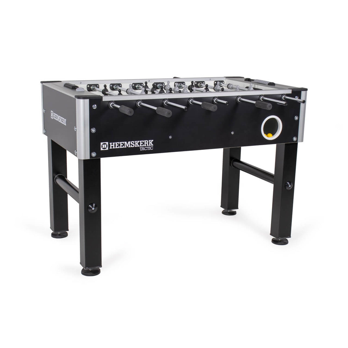 Heemskerk TacTic football table with black cabinet, silver corners and ball return