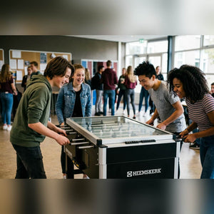 Students playing on a Heemskerk High TacTic Cover football table in a school