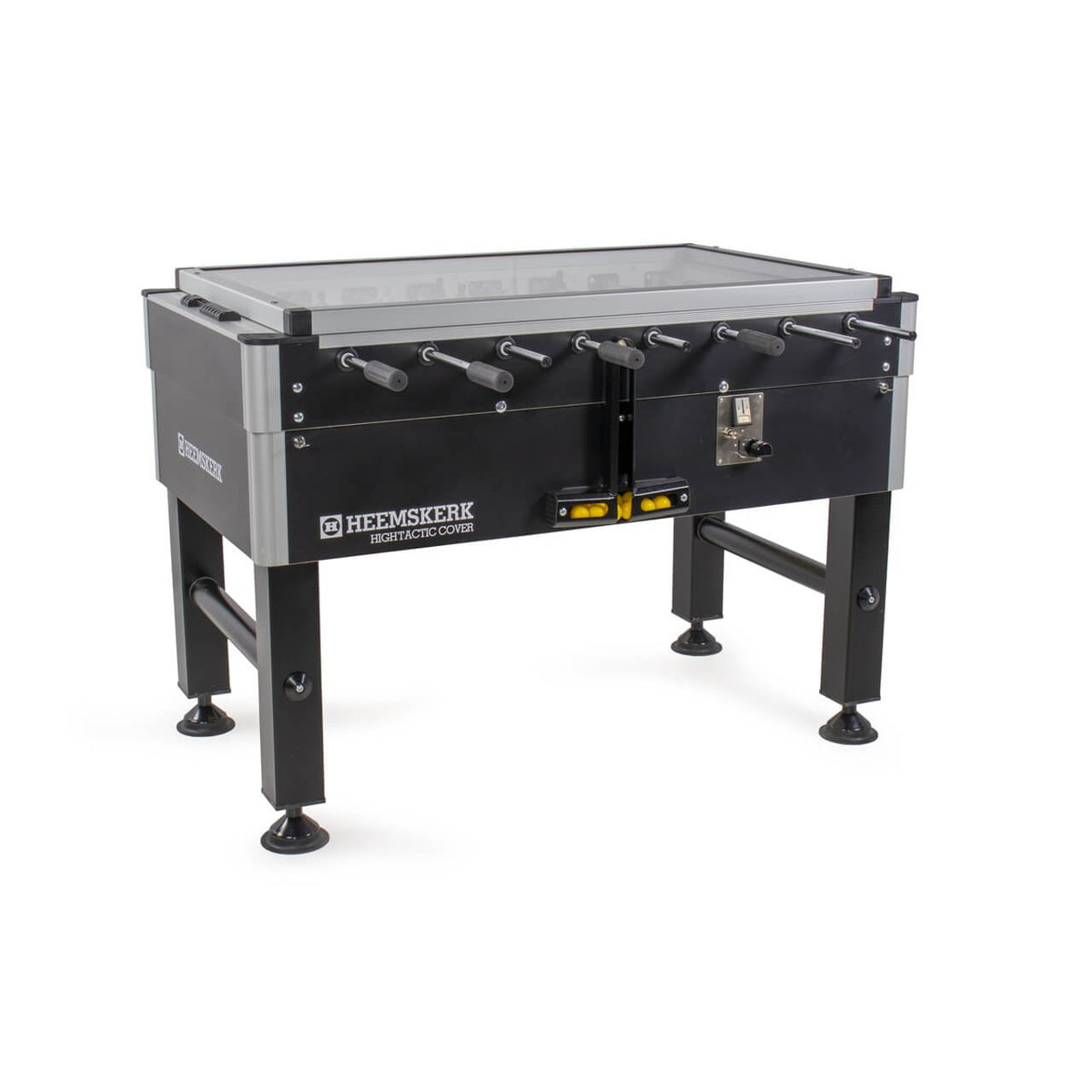 Heemskerk High TacTic Cover football table with clear cover, seen from the side