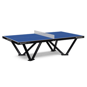 Heemskerk Tango outdoor table tennis table with blue top, steel net and black V-shaped legs