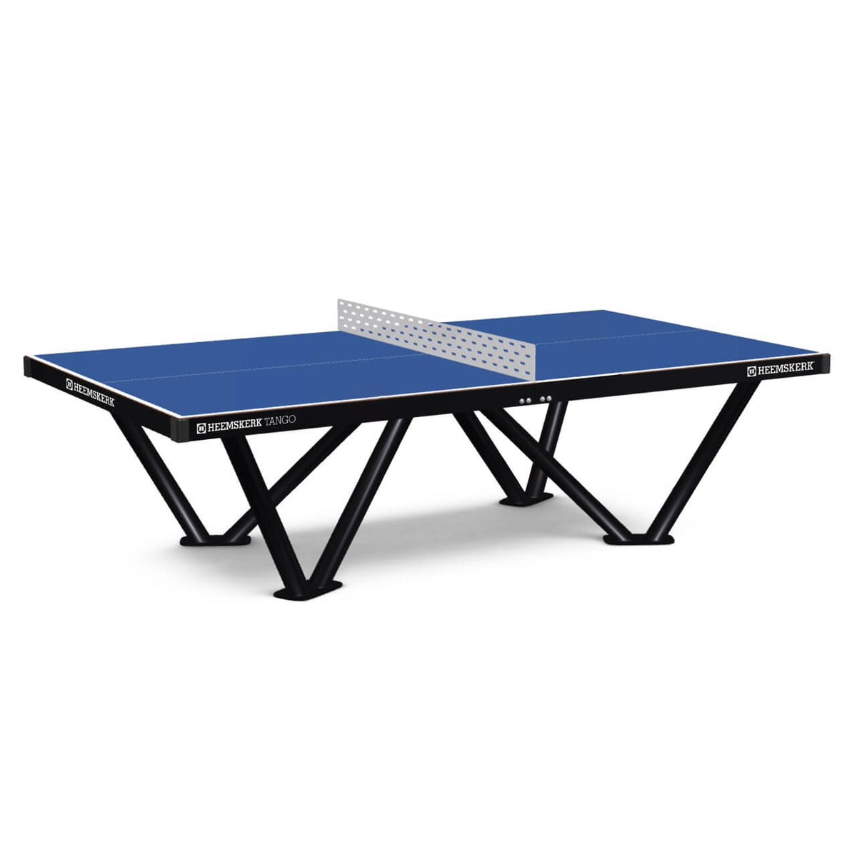 Heemskerk Tango outdoor table tennis table with blue top, steel net and black V-shaped legs