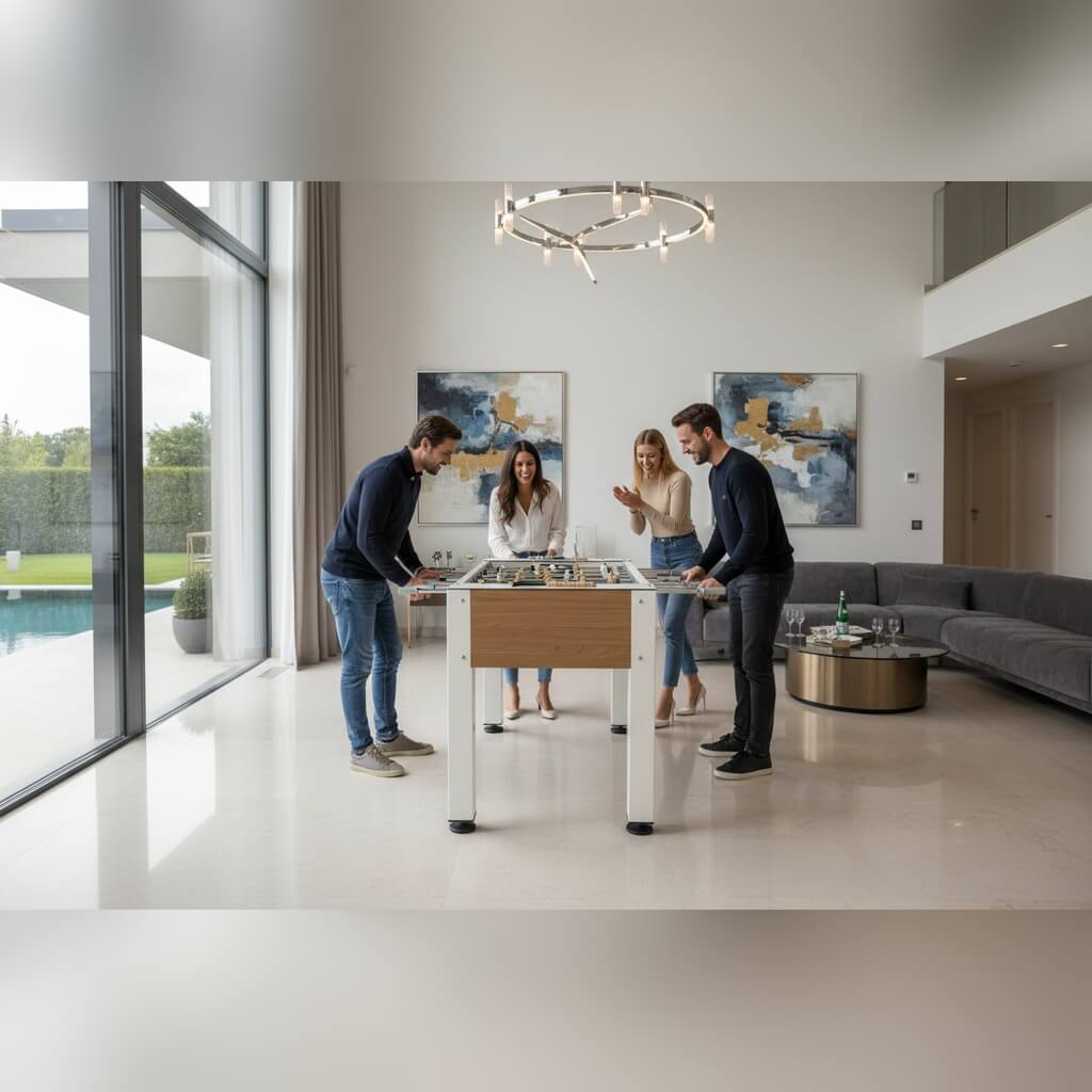 Four friends playing on a Heemskerk Vittorio football table in a modern living room