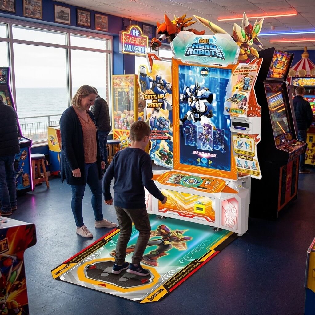 Hero of Robots kids motion arcade machine in a UK seaside arcade with a child playing
