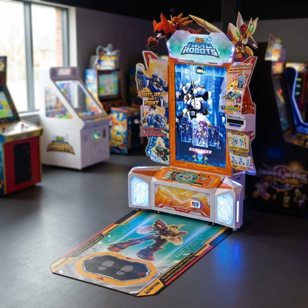 Hero of Robots arcade machine glowing in a family entertainment centre