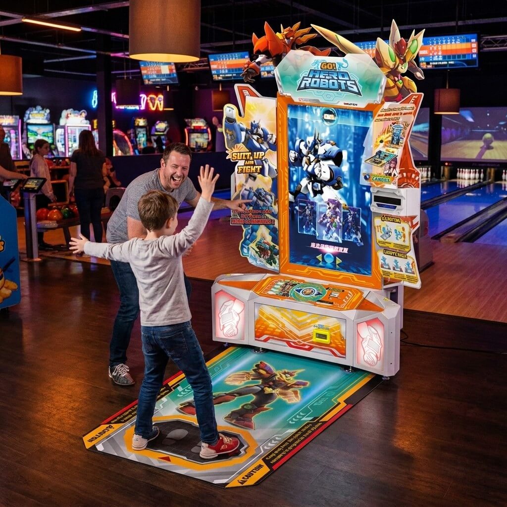 Child waving their arms to play Hero of Robots at a bowling alley in the evening