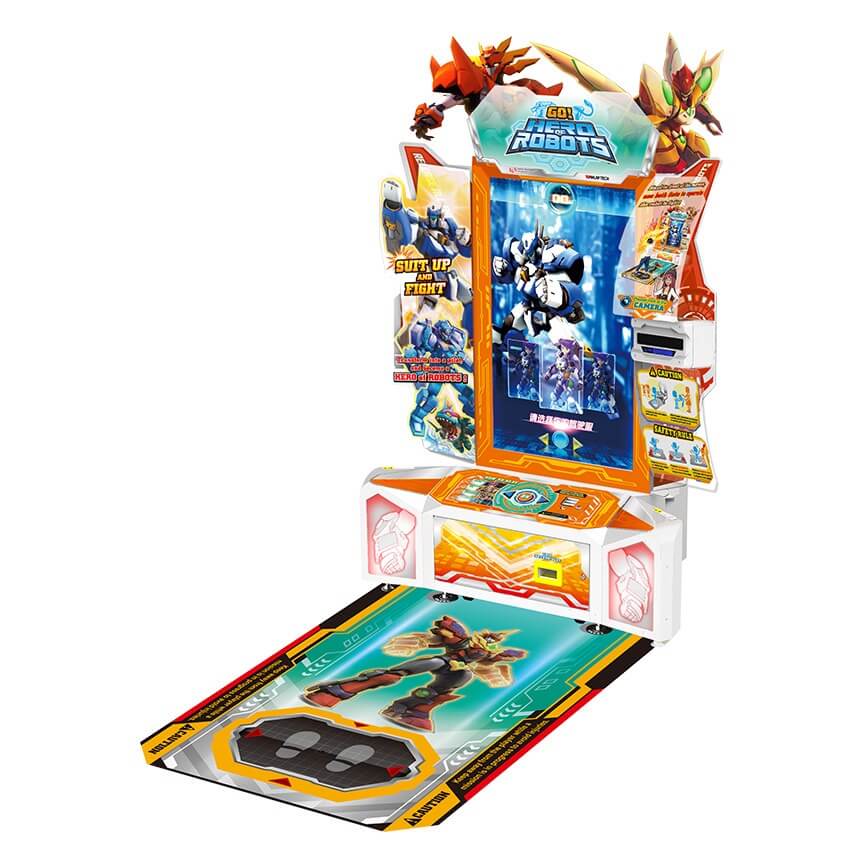 Hero of Robots kids motion arcade machine with orange and white cabinet, 42 inch screen and play mat
