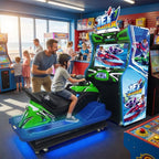 Jet Blaster jet ski racing arcade machine in a UK seaside arcade with a child riding