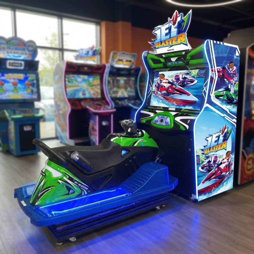 Jet Blaster arcade machine glowing in a family entertainment centre