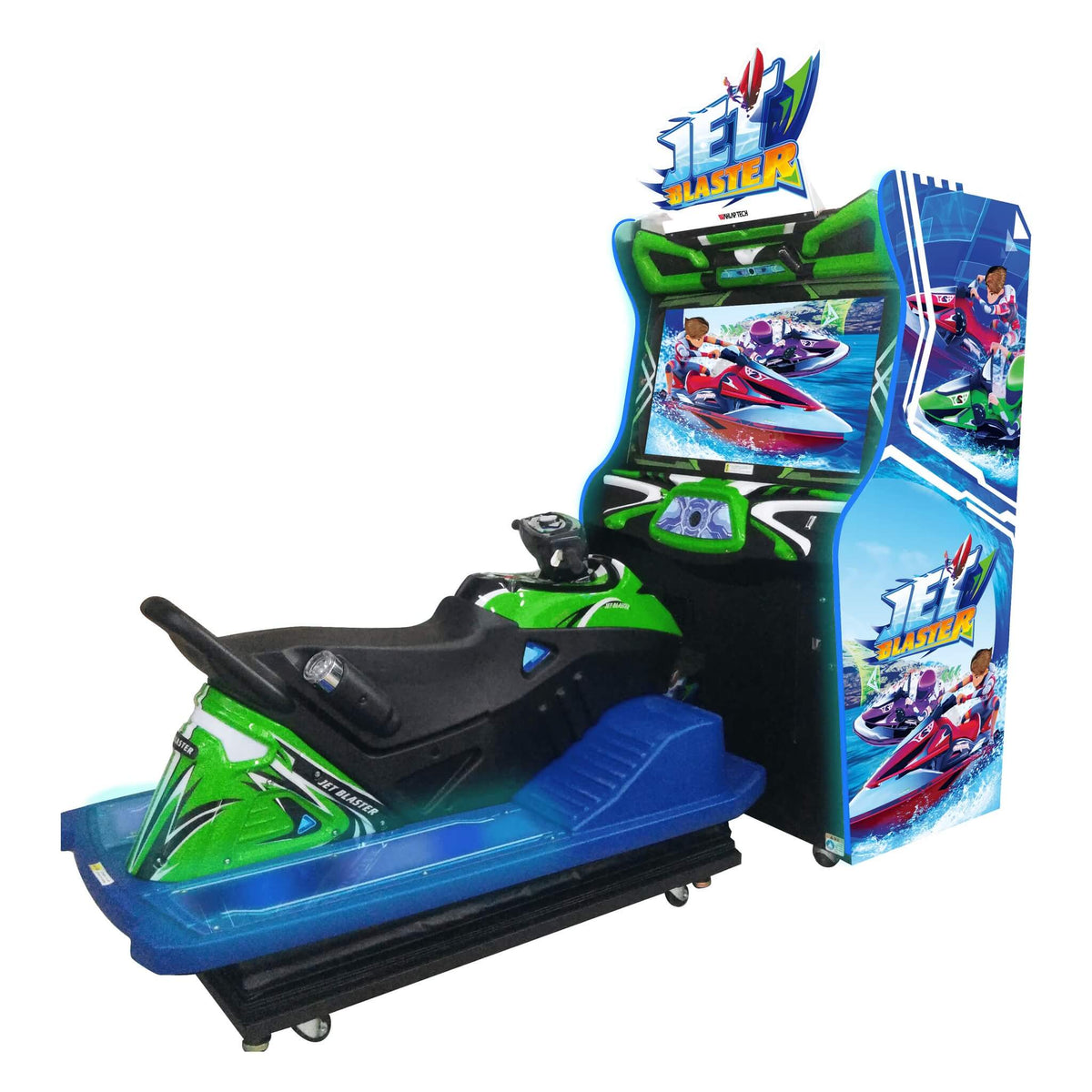Jet Blaster jet ski racing arcade machine with life-size green jet bike on a lit blue base