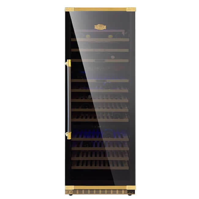 Kaiser Art Deco 3 zone wine cooler in anthracite black with antique gold fittings, front view