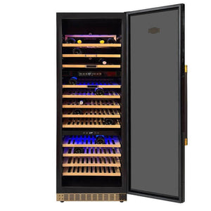 Kaiser Art Deco 3 zone wine cooler with the glass door open, showing pull-out wooden shelves