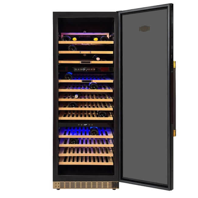 Kaiser Art Deco 3 zone wine cooler with the glass door open, showing pull-out wooden shelves