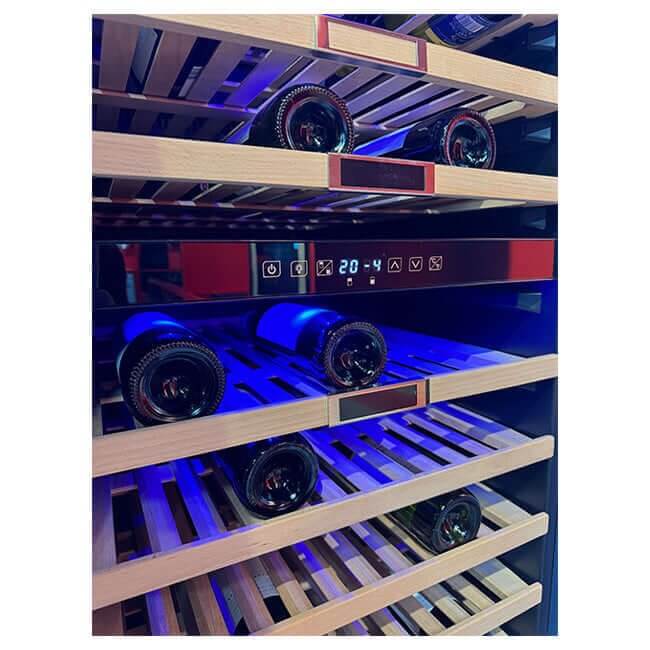 Kaiser wine cooler touch control display between wooden shelves of wine bottles