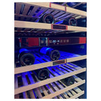 Kaiser wine cooler touch control display between wooden shelves of wine bottles