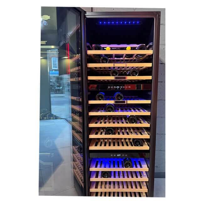 Kaiser Art Deco 3 zone wine cooler filled with wine bottles, front view