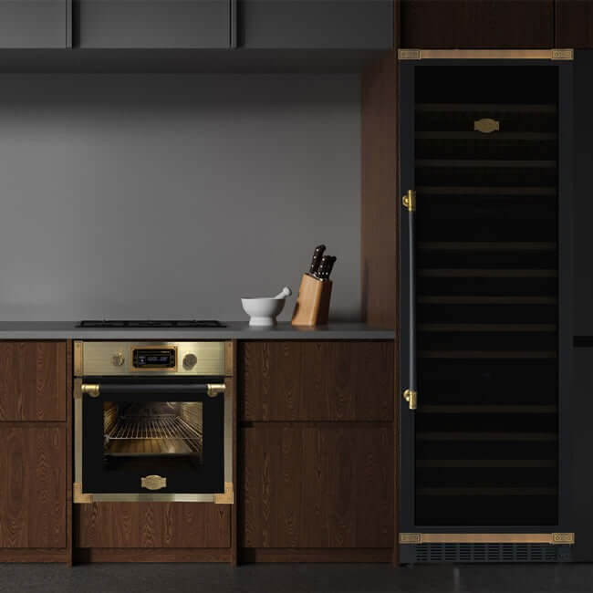 Kaiser Art Deco 3 zone wine cooler in a kitchen beside an oven
