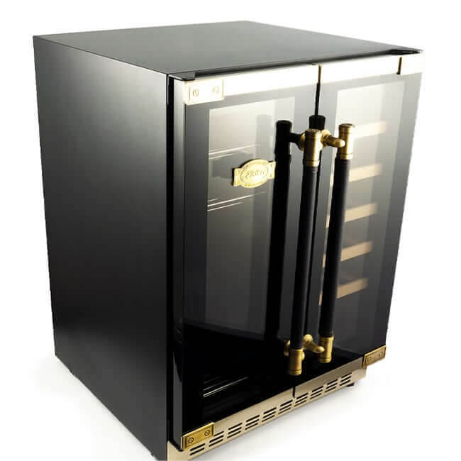 Kaiser Art Deco beer and wine cooler with two glass doors, antique gold handles and fittings