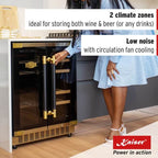 Woman opening a Kaiser Art Deco beer and wine cooler, with text describing two climate zones and low noise