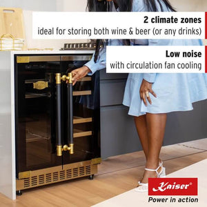 Woman opening a Kaiser Art Deco beer and wine cooler, with text describing two climate zones and low noise