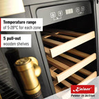 Kaiser beer and wine cooler controls and pull-out wooden shelves, with text describing the shelves and temperature range