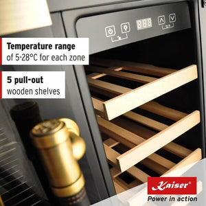 Kaiser beer and wine cooler controls and pull-out wooden shelves, with text describing the shelves and temperature range