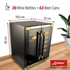 Kaiser Art Deco beer and wine cooler dimensions graphic: 82cm high, 59.5cm wide, 57cm deep, 20 wine bottles and 63 beer cans