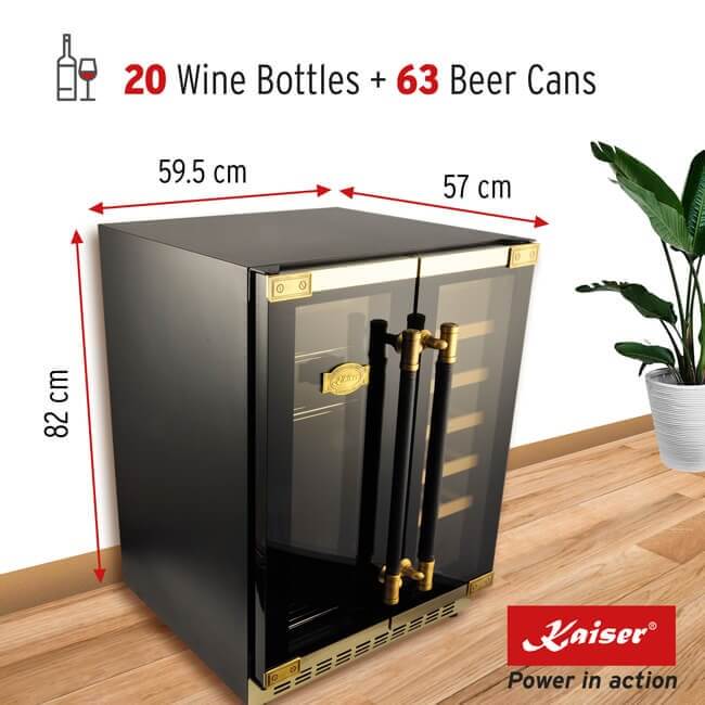 Kaiser Art Deco beer and wine cooler dimensions graphic: 82cm high, 59.5cm wide, 57cm deep, 20 wine bottles and 63 beer cans