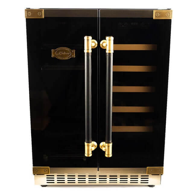 Kaiser Art Deco beer and wine cooler with black leather-covered handles and gold fittings