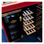 Kaiser Art Deco beer and wine cooler with one door open, showing wooden wine shelves, against a red wall