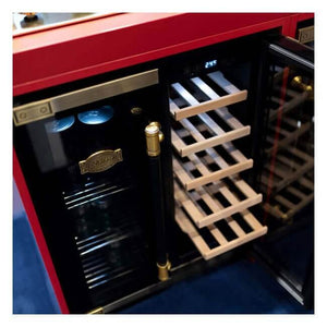 Kaiser Art Deco beer and wine cooler with one door open, showing wooden wine shelves, against a red wall