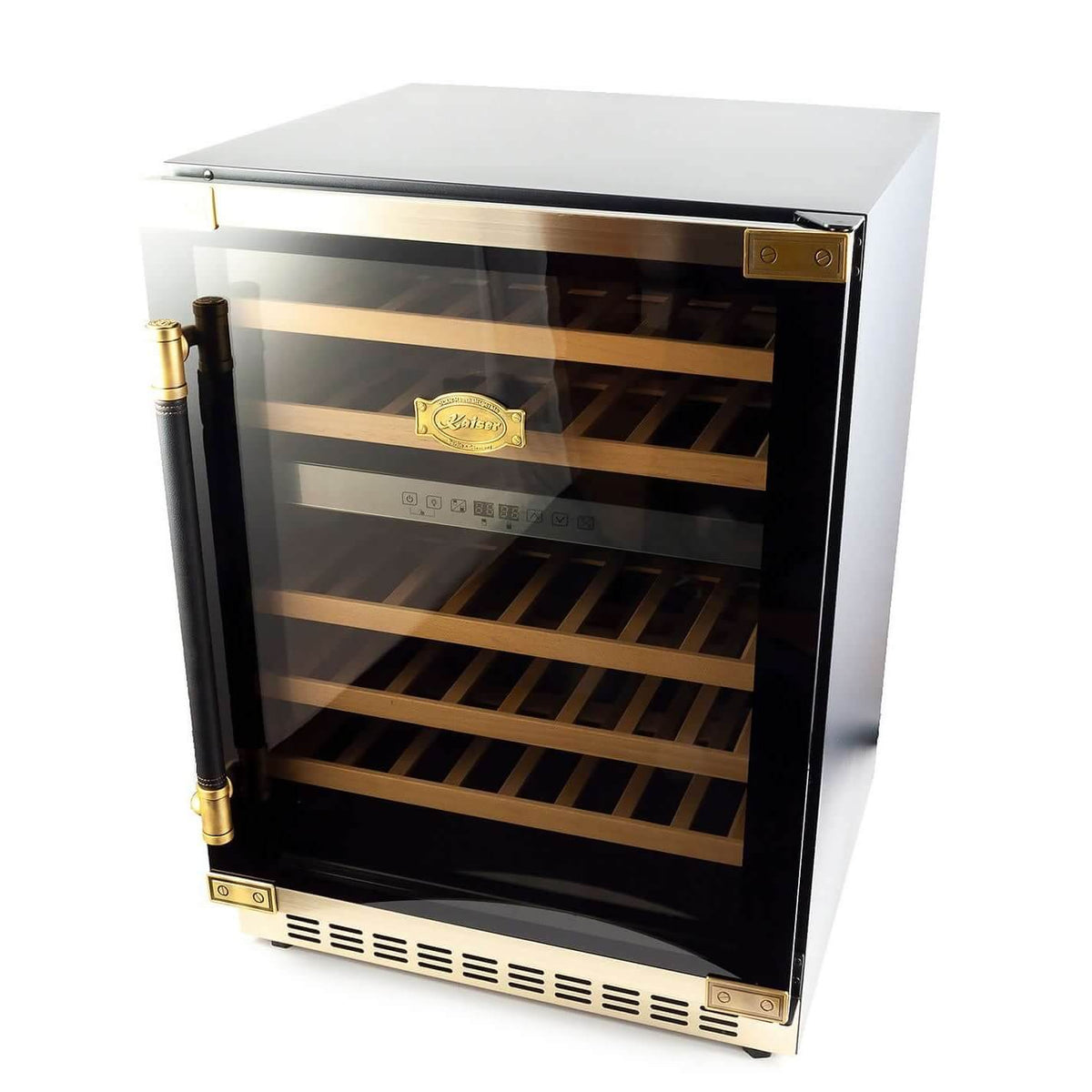 Kaiser Art Deco dual zone wine fridge in anthracite black with antique gold handle and fittings