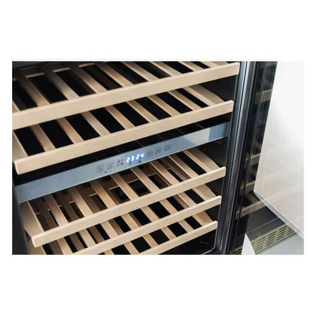Pull-out wooden shelves and digital temperature display inside a Kaiser Art Deco wine fridge