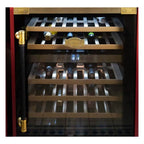 Kaiser Art Deco wine fridge filled with wine bottles against a red wall