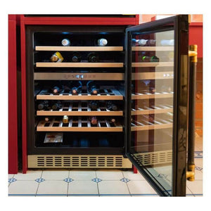 Kaiser Art Deco wine fridge with the door open, showing bottles on wooden shelves