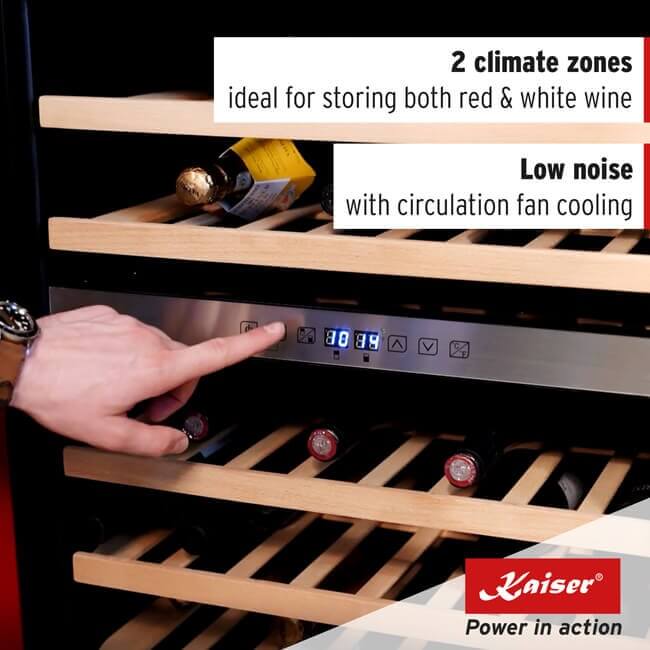 Kaiser wine fridge touch controls, with text describing two climate zones and low noise
