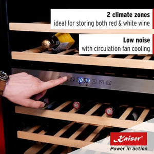 Kaiser wine fridge touch controls, with text describing two climate zones and low noise
